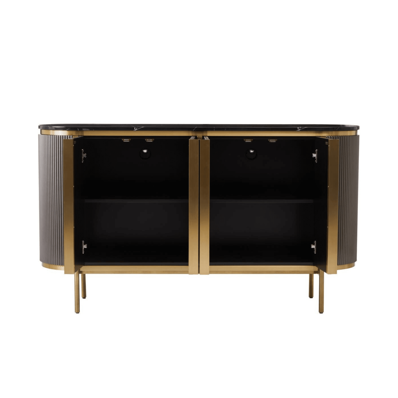Junia Grey & Gold Ribbed 4 Door Sideboard with Black Marble Top