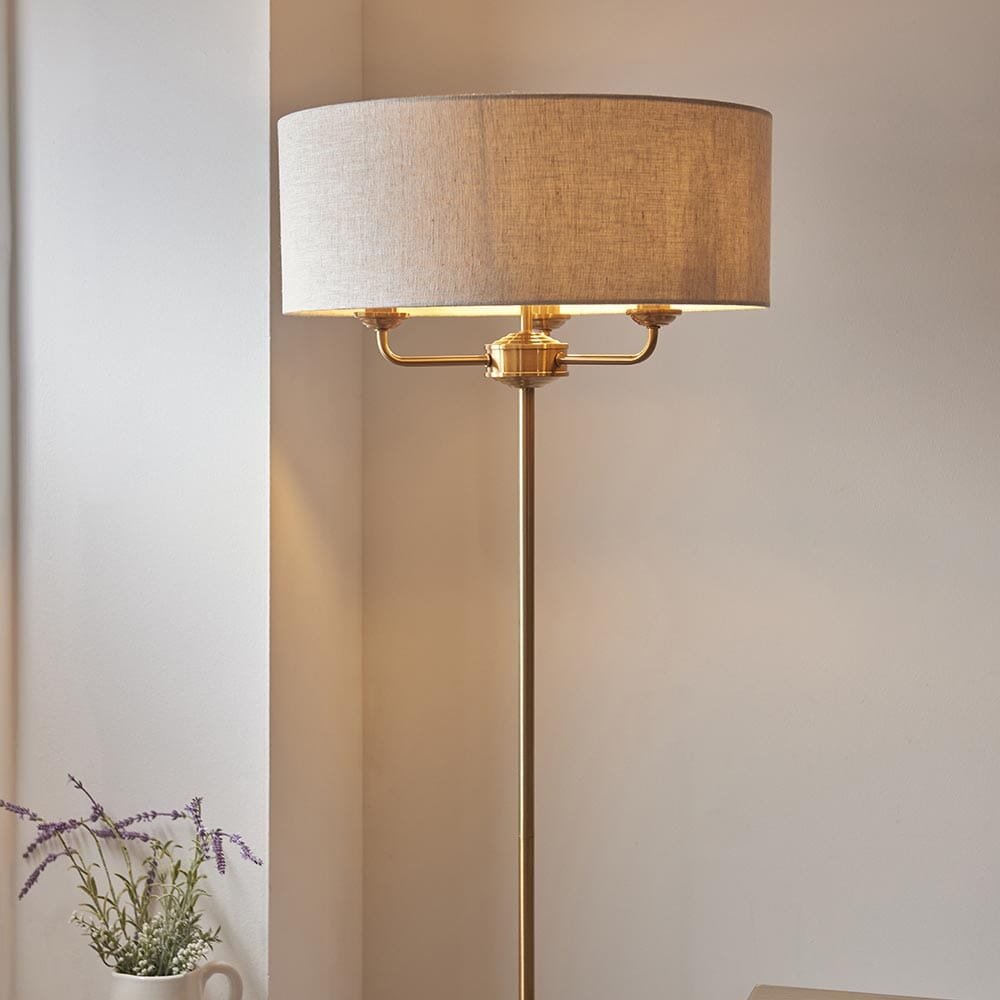 Juniper 3 Light Brass Floor Lamp with Neutral Shade
