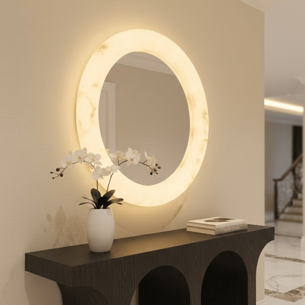 Kaelani Faux Alabaster Marble LED Wall Mirror