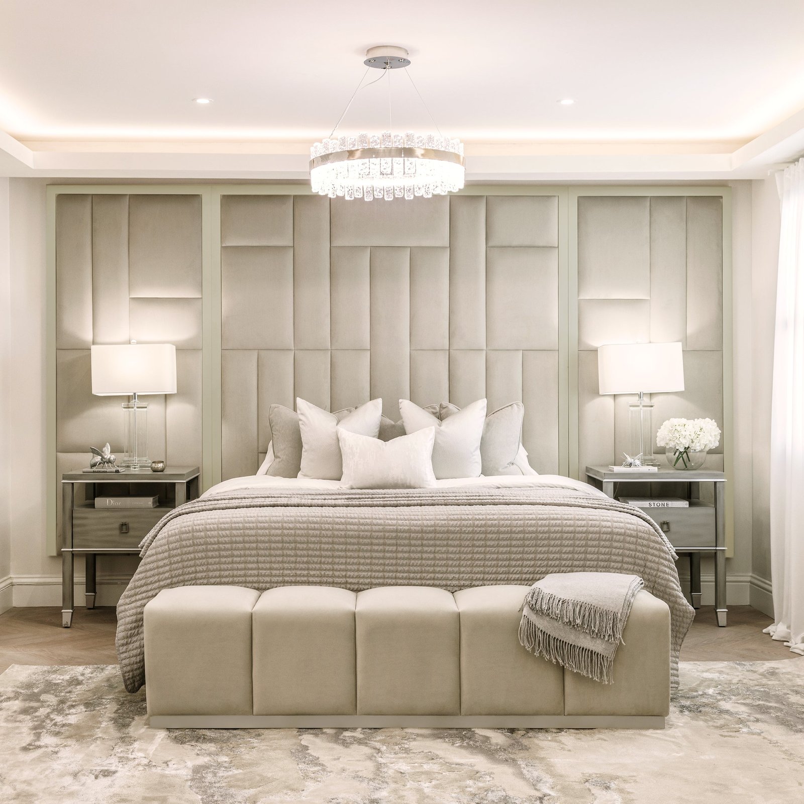 Kensington Smoke Grey & Off White Premium Abstract Headboard with Wings