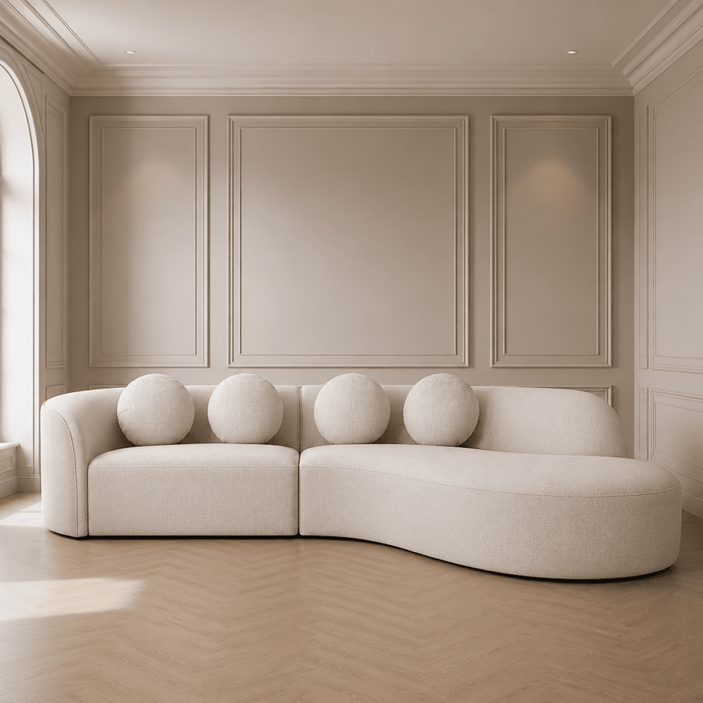 Keyen Cream Linen 3 seater Curved Sofa