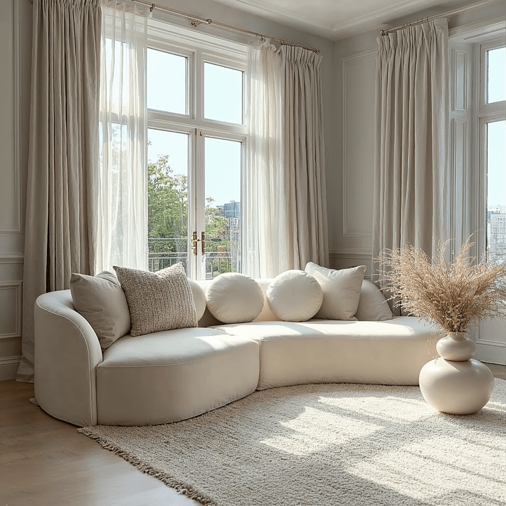 Keyen Cream Linen 3 seater Curved Sofa
