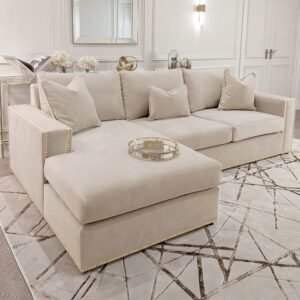 Kiara Cream Velvet Sofa Collection With Brass Studs