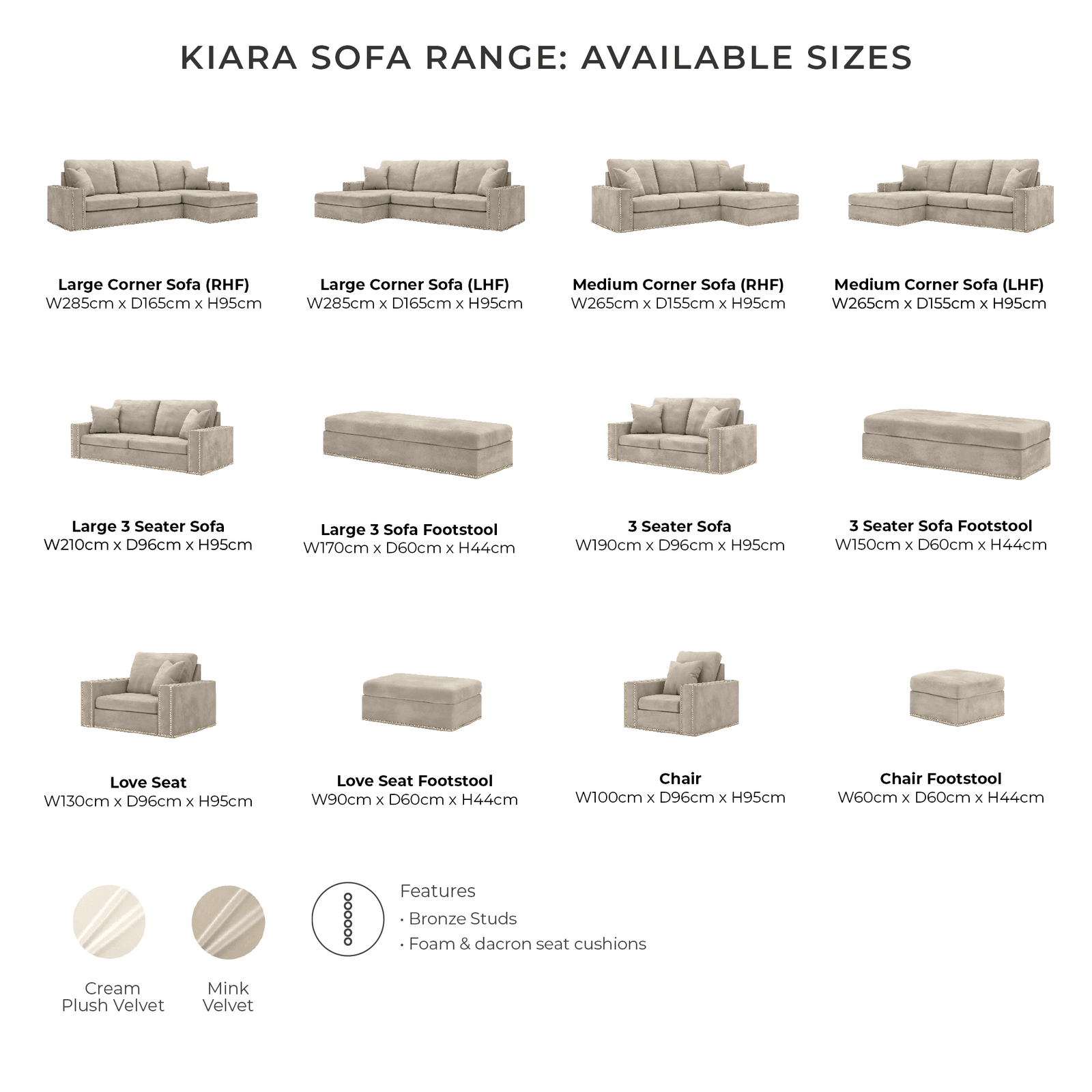 Kiara Cream Velvet Sofa Collection With Brass Studs