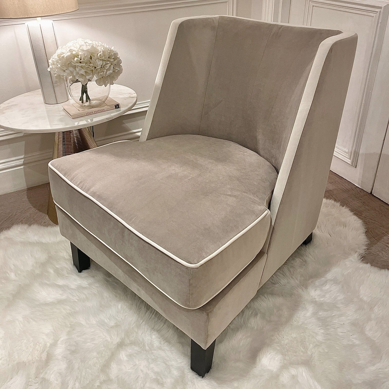 Knightsbridge Mink Velvet Accent Chair With Cream Piping