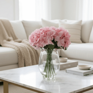 Large Faux Dusky Pink Hydrangeas Floral Arrangement in Fishbowl Vase