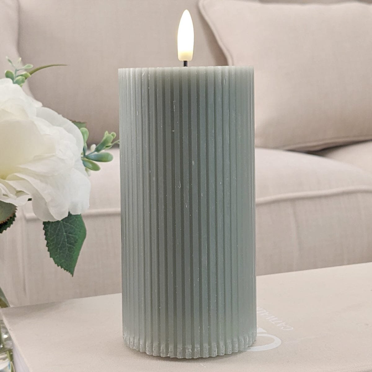 Large Sage Green Realistic Ribbed LED Candle