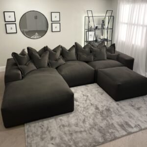Lenox Shadow Grey Velvet Pillow Back Modular Sofa Range