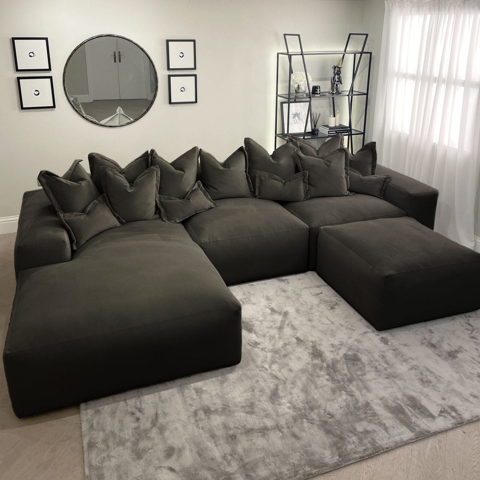 Lenox Shadow Grey Velvet Pillow Back Modular Sofa Range