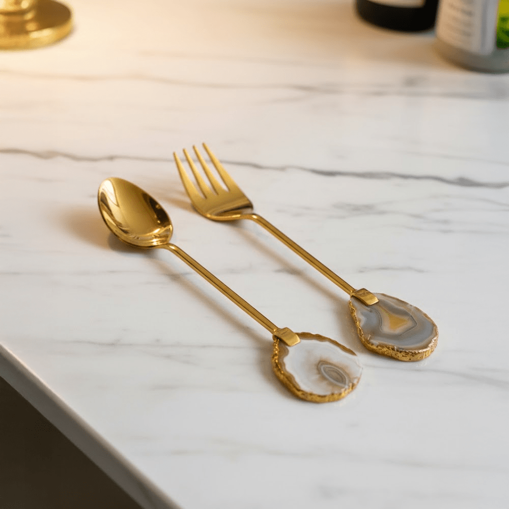 Lithos Gold Salad Servers with Marble Stone Detail