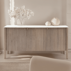 Luna Mango Wood Ribbed 3 Door Sideboard with Marble Top