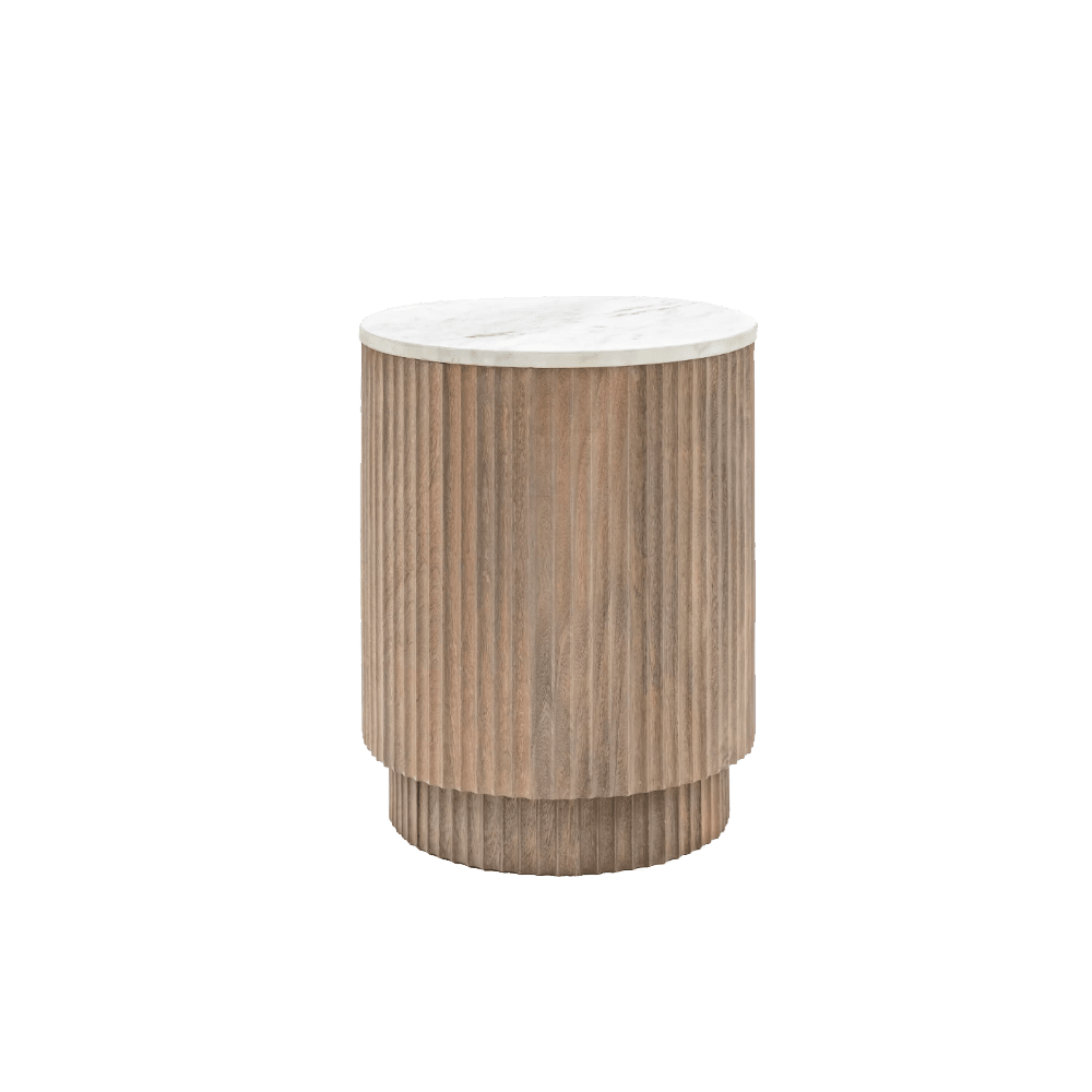 Luna Mango Wood Ribbed Round Side Table with Marble Top