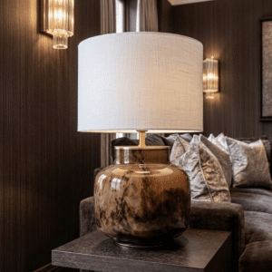 Lunara Brown Marble Effect Glass Table Lamp with White Shade