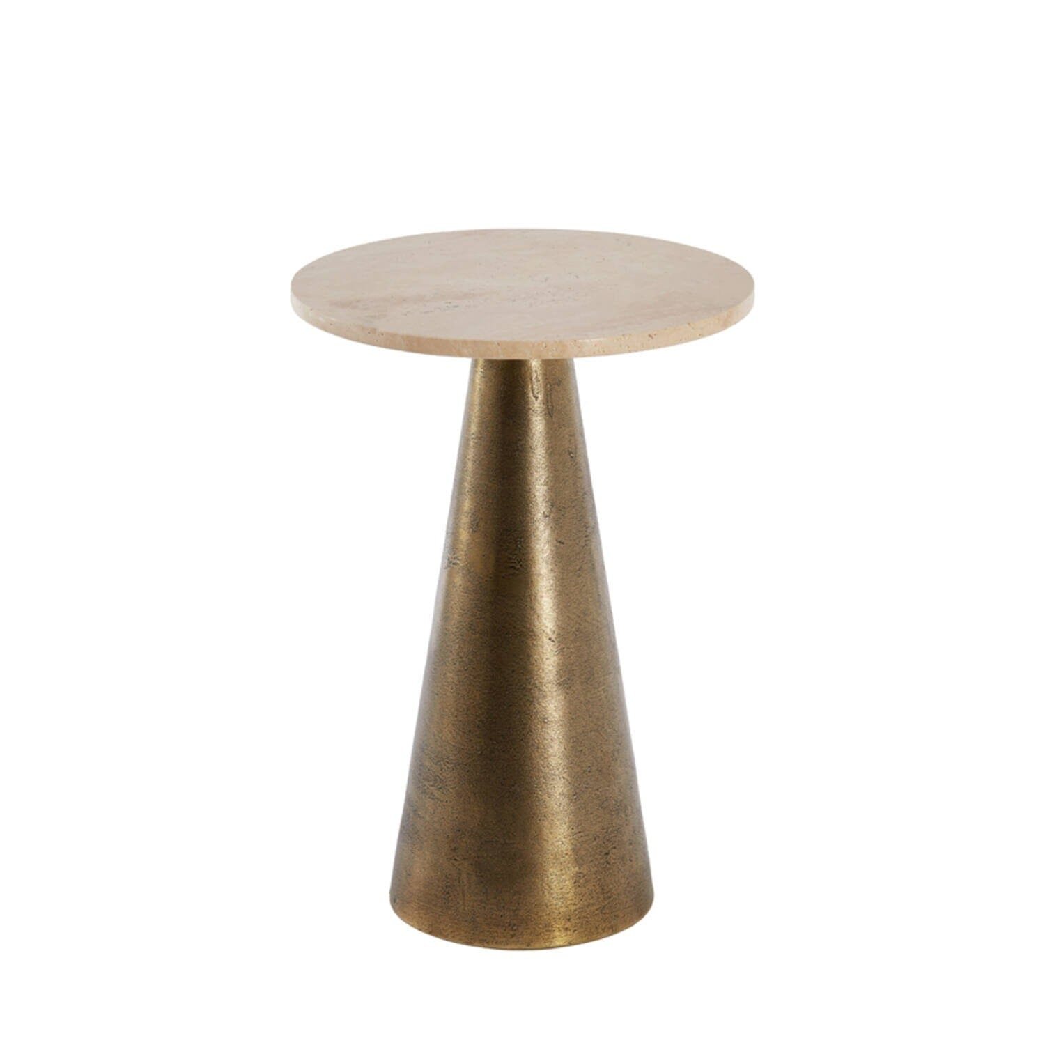 Macci Large Antique Brass Round Side Table with Travertine Top