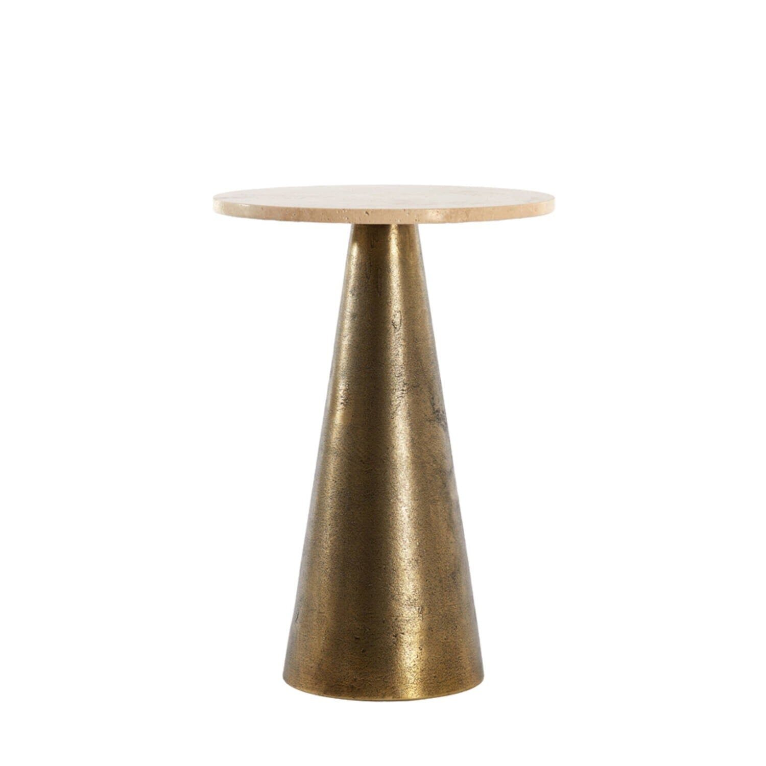 Macci Large Antique Brass Round Side Table with Travertine Top