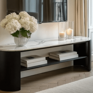 Macie Black Curved Media Unit with Marble Top