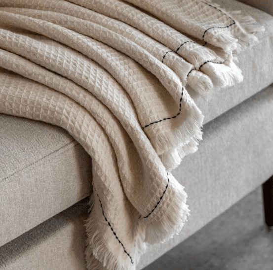 Marceline Cream Waffle Textured Throw with Black Stitched Border