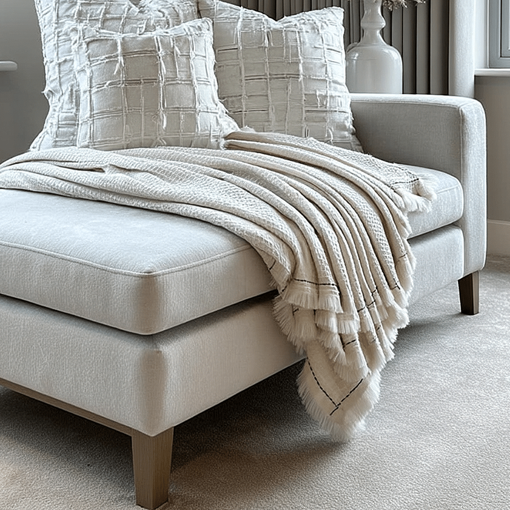 Marceline Cream Waffle Textured Throw with Black Stitched Border