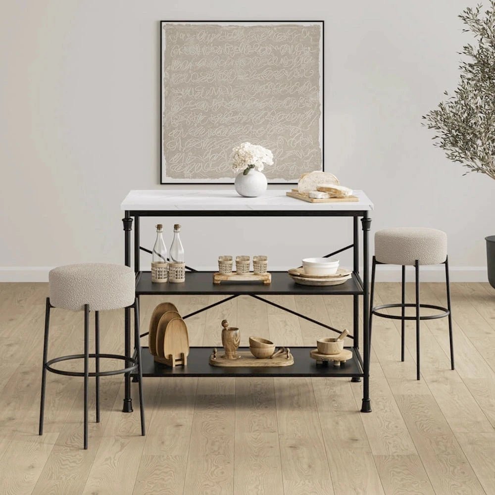 Mariah Beige Boucle Round Bar Stool with Black Legs