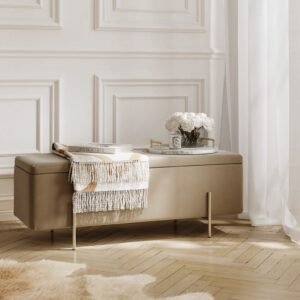 Maya Beige Velvet Ottoman Box with Gold Feet