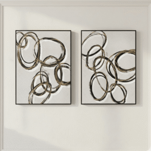 Mayce Abstract Gold & Black Circles Framed Canvas Wall Art - Set of 2