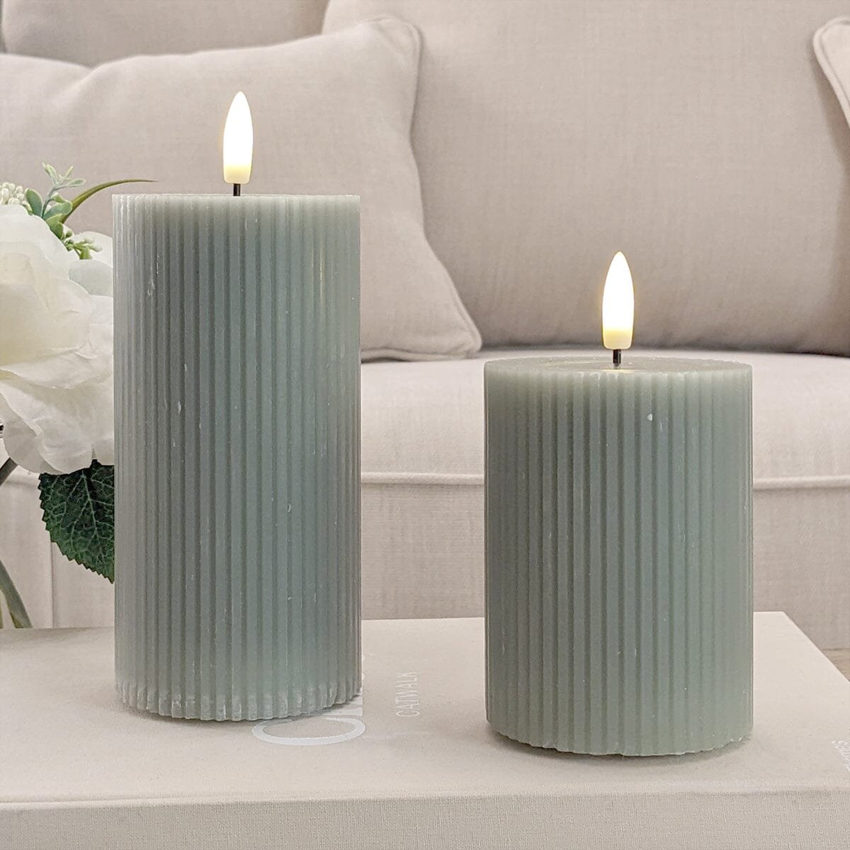 Large Sage Green Realistic Ribbed LED Candle