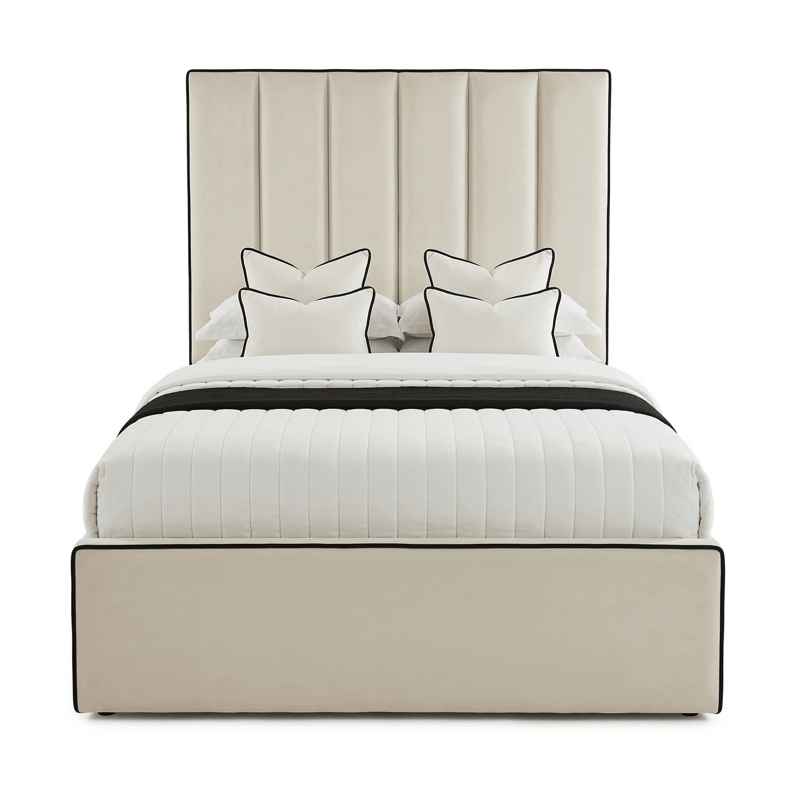 Mercer Cream Velvet Luxury Panelled Ottoman Storage Bed with Contrast Black Piping