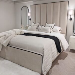 Mercer Cream Velvet Luxury Panelled Ottoman Storage Bed with Contrast Black Piping