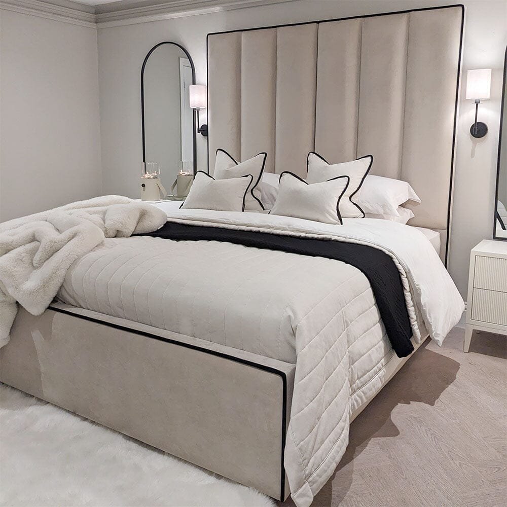 Mercer Cream Velvet Luxury Panelled Ottoman Storage Bed with Contrast Black Piping