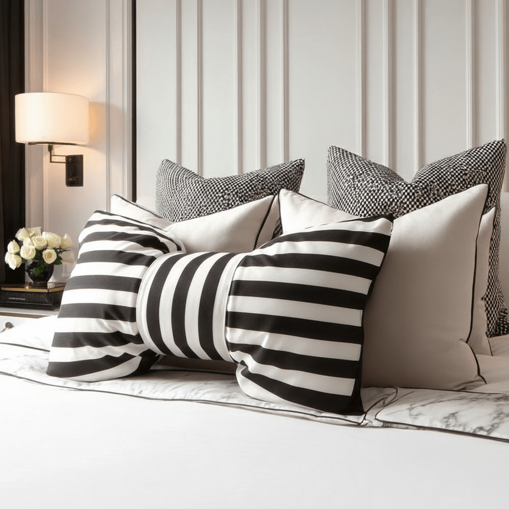 Mollie Monochrome Striped Bow Cushion