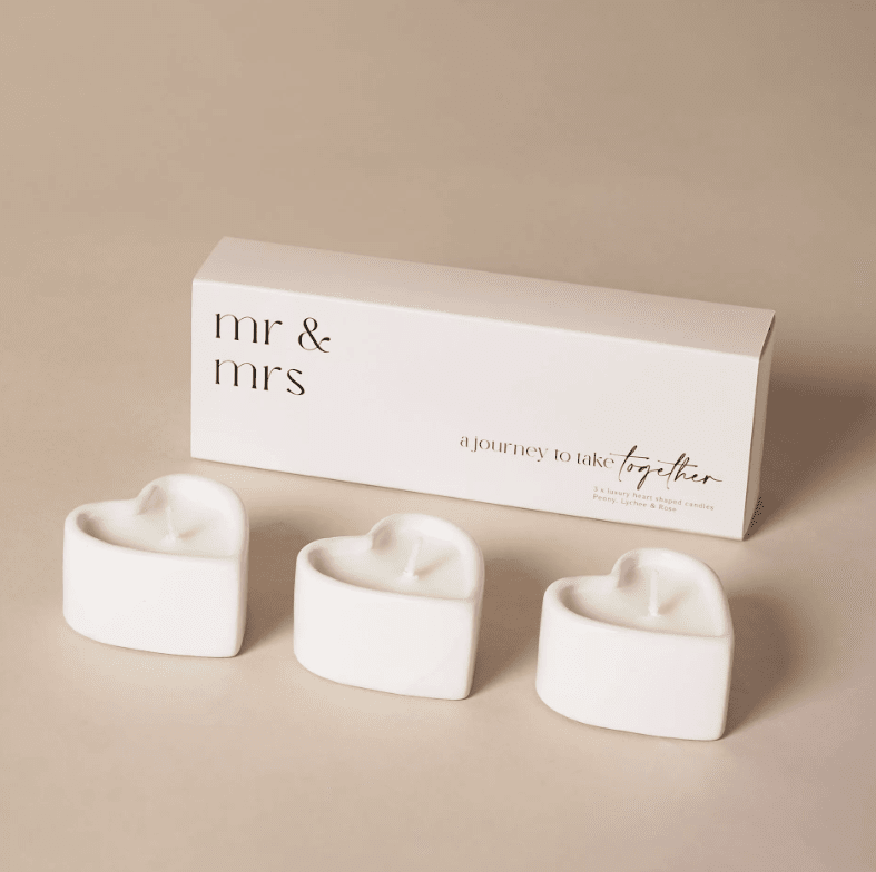 Mr & Mrs White Heart Shaped Tealight Candles - Set of 3