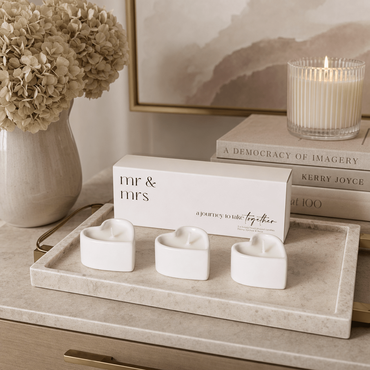 Mr & Mrs White Heart Shaped Tealight Candles - Set of 3