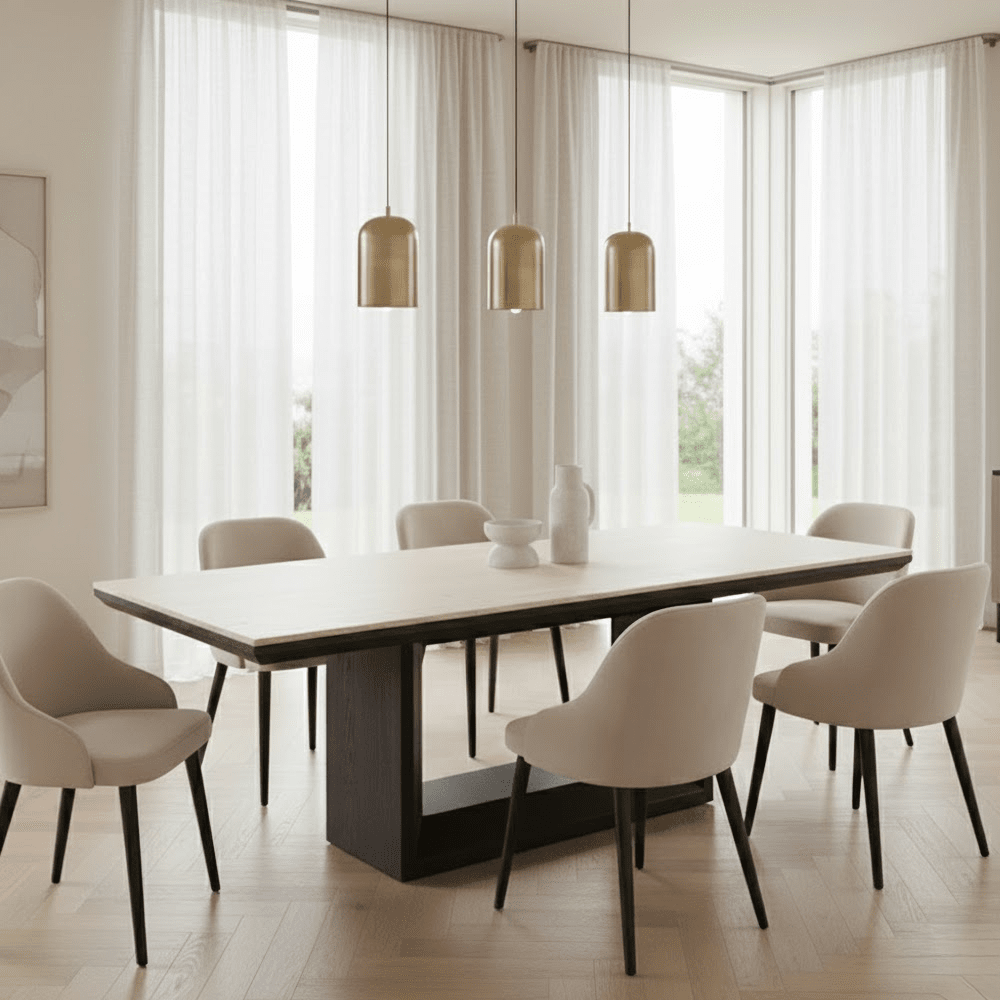 Norah Deep Brown Rectangular Dining Table with Travertine Top