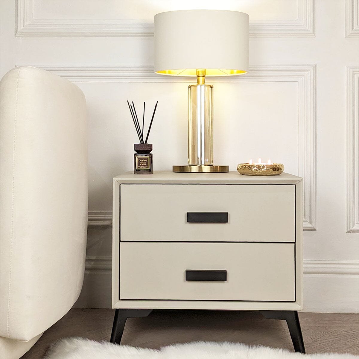 Nova Stone & Black 2 Drawer Bedside Table