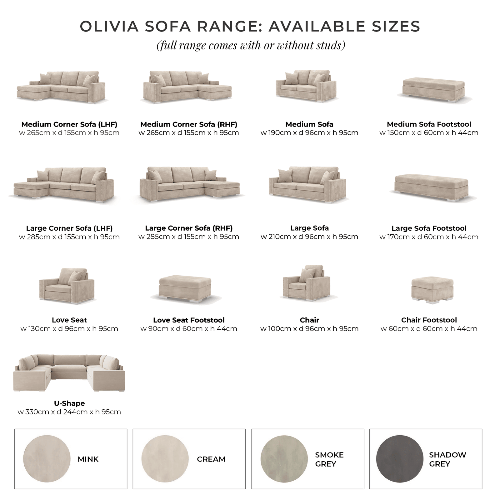 Olivia Premium Mink Sofa Range with Studs