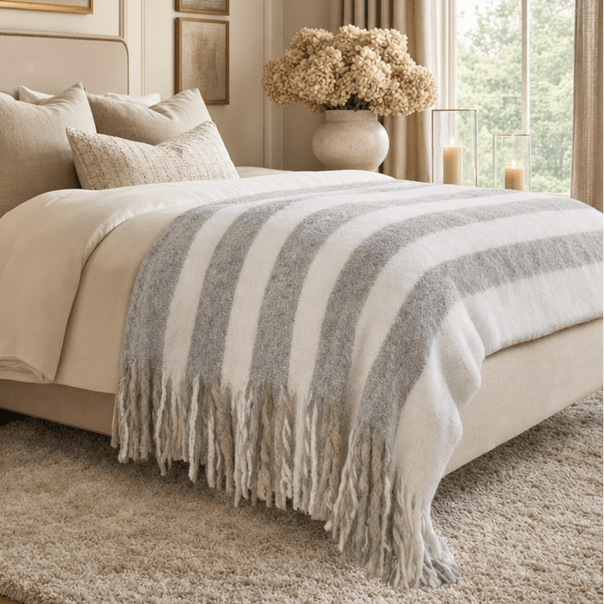Ottilie Grey & White Striped Tasselled Throw