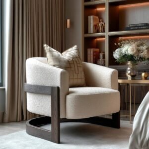 Richmond Neutral Boucle Curved Chair with Walnut Detailing
