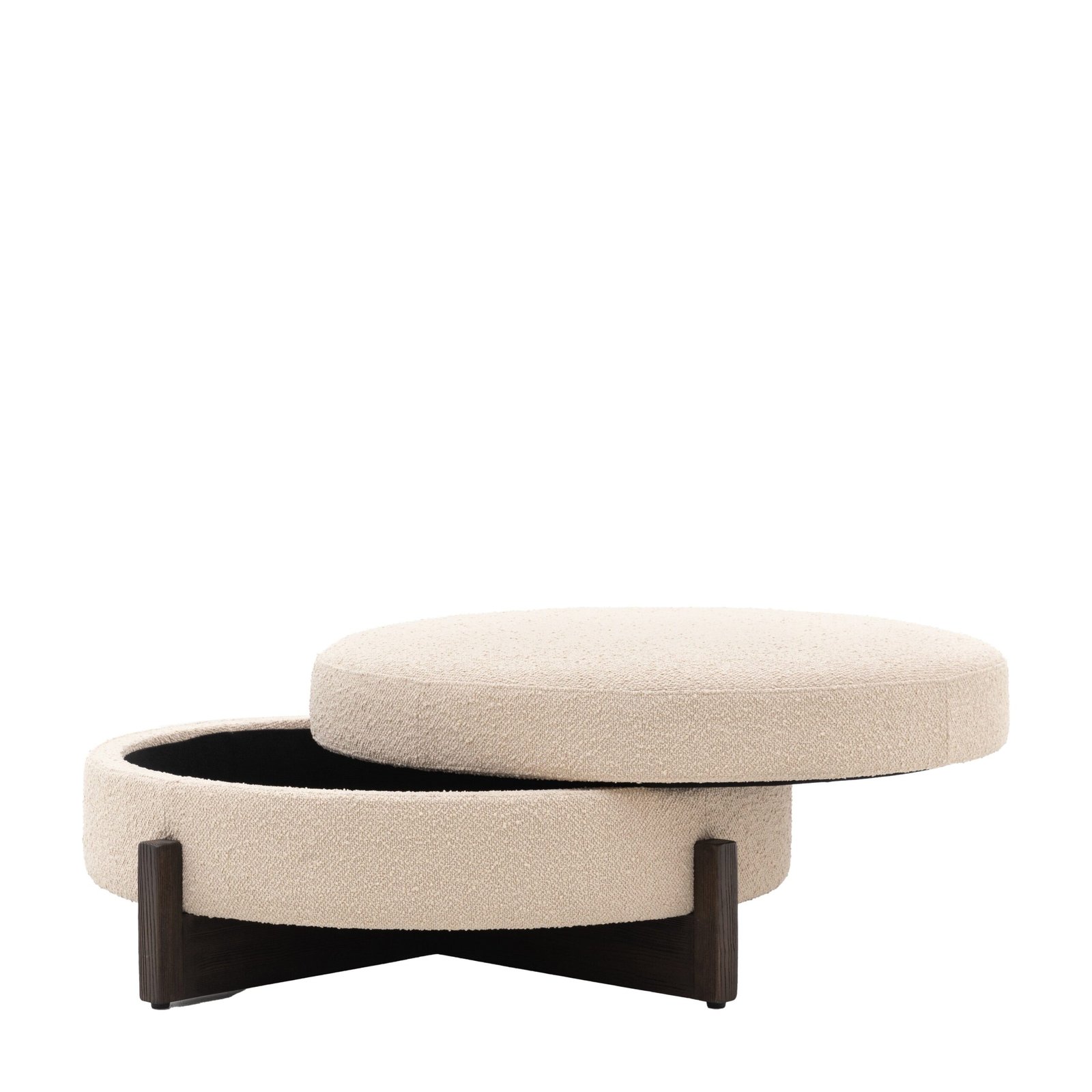 Richmond Neutral Boucle Round Storage Footstool with Walnut Detailing