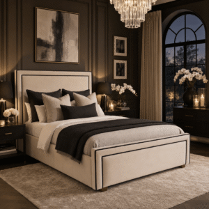Sandro Vanilla Velvet Luxury Bed with Black Accent Border