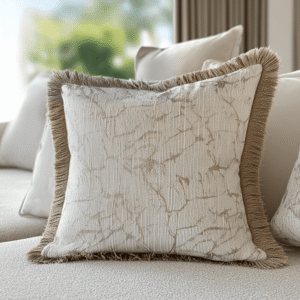 Saphira Cream Marble Effect Cushion with Fringe Detail - 43x43cm
