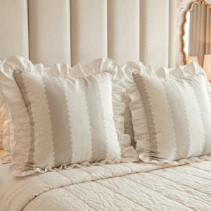 Sasha Oatmeal Striped Frilled Edge Cushion- 45x45cm