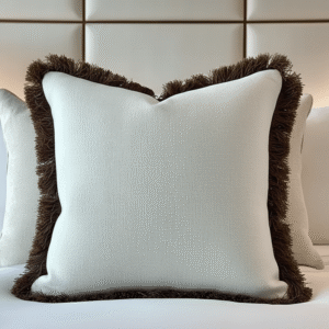 Scarlett Off White Textured Cushion with Brown Fringing Detail - 56x56cm
