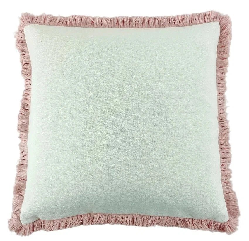 Scarlett Off White Textured Cushion with Pink Fringing Detail - 56x56cm