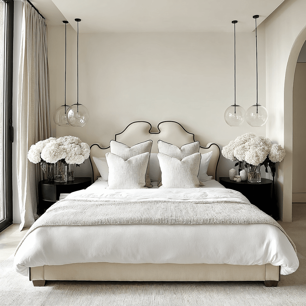 Seraphina Vanilla Velvet Statement Curved Bed with Black Piping Detail