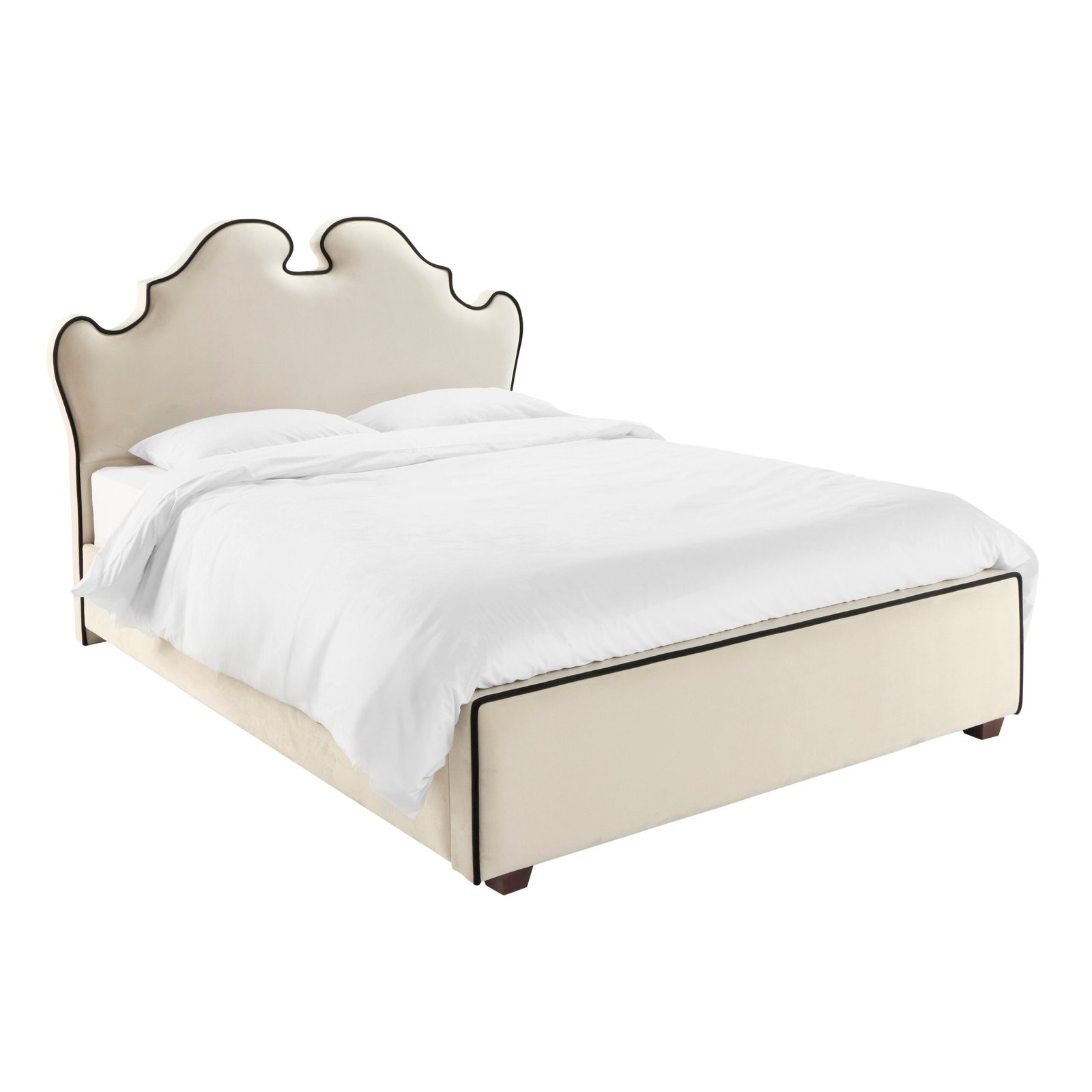 Seraphina Vanilla Velvet Statement Curved Bed with Black Piping Detail