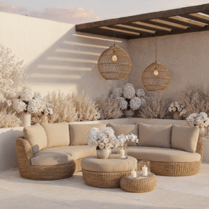 Sevilla Natural Wicker Outdoor Curved Sofa & Footstool Set