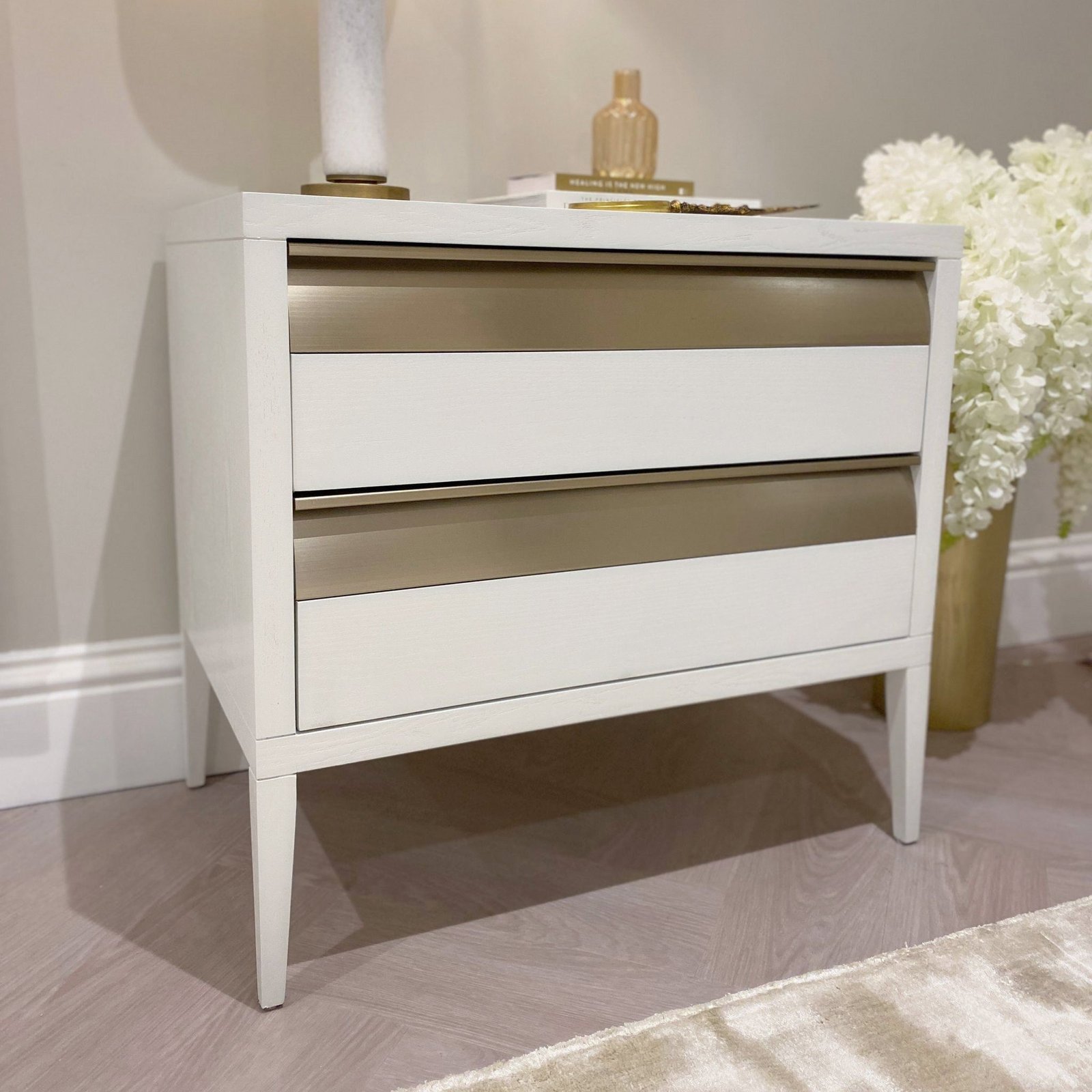 Zayd White & Bronze Premium Large Bedside Table