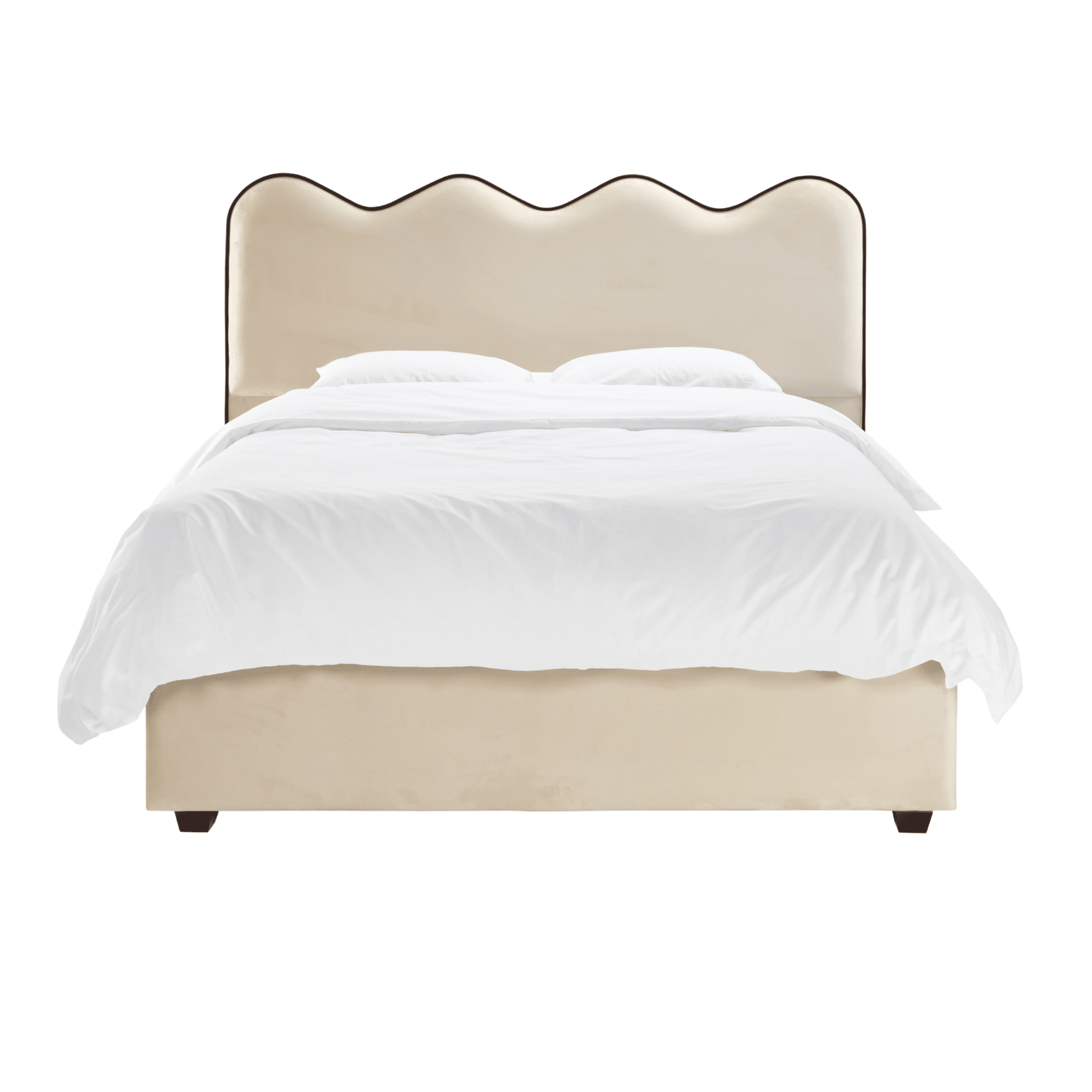 Squiggle Vanilla Velvet Scalloped Bed with Black Piping Detail