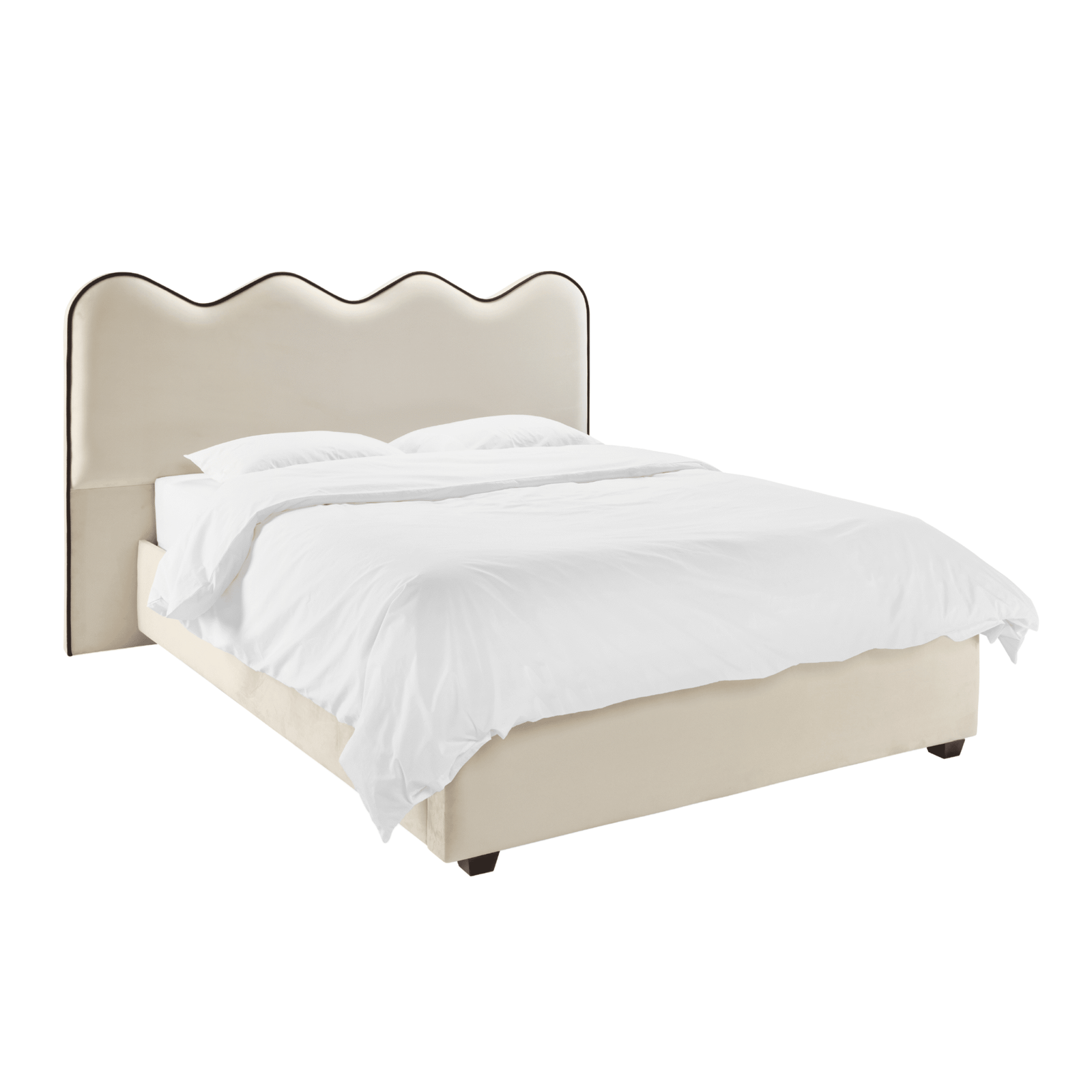 Squiggle Vanilla Velvet Scalloped Bed with Black Piping Detail