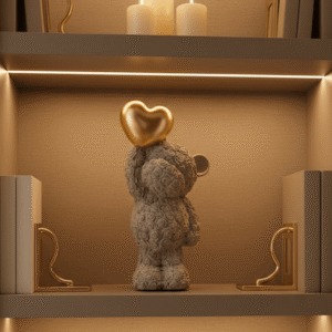 Standing Grey Bear with Gold Balloon Heart Ornament